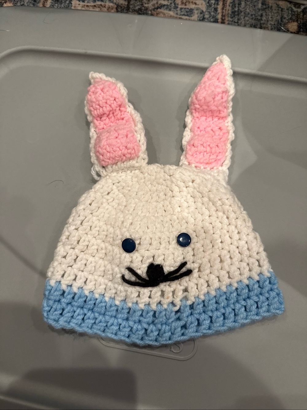 Crocheted Bunny Hat with Pink Ears and Blue Trim